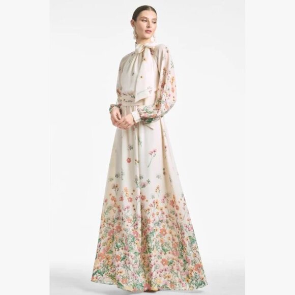Sachin & Babi Size 6 Vera Pink Green‎ Cream Floral Long Sleeve Gown Maxi Dress - Picture 4 of 5